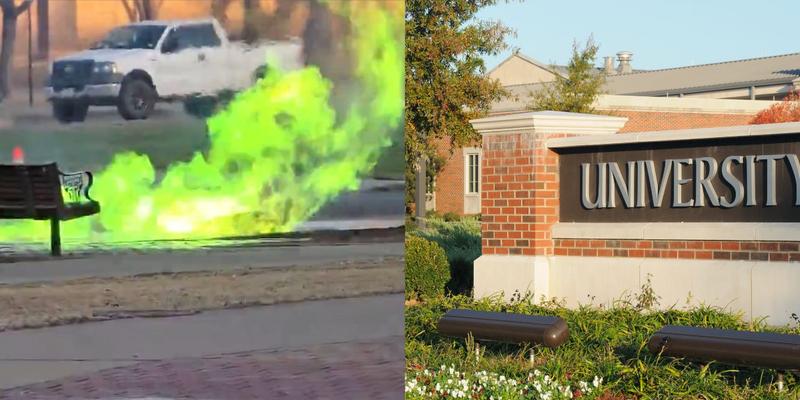 Green explosion from manhole (left) University sign (right)