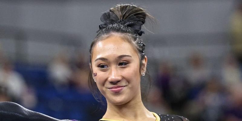 February 28, 2025: LSU's Kailin Chio competes on the balance beam during the Purple and Gold Podium Challenge woman's gymnastics LSU vs George Washington at the Raising Canes River Center in Baton Rouge, LA. Jonathan Mailhes/CSM. 28 Feb 2025 Pictured: February 28, 2025: LSU's Kailin Chio competes on the floor during the Purple and Gold Podium Challenge woman's gymnastics LSU vs George Washington at the Raising Canes River Center in Baton Rouge, LA. Jonathan Mailhes/CSM. Photo credit: ZUMAPRESS.com / MEGA TheMegaAgency.com sales@mega.global (Mega Agency TagID: MEGA1276490_039.jpg) [Photo via Mega Agency]