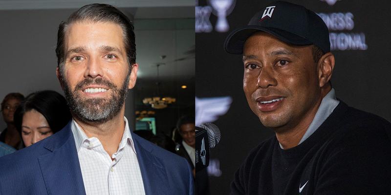 A photo collage of Donald Trump Jr. and Tiger Woods