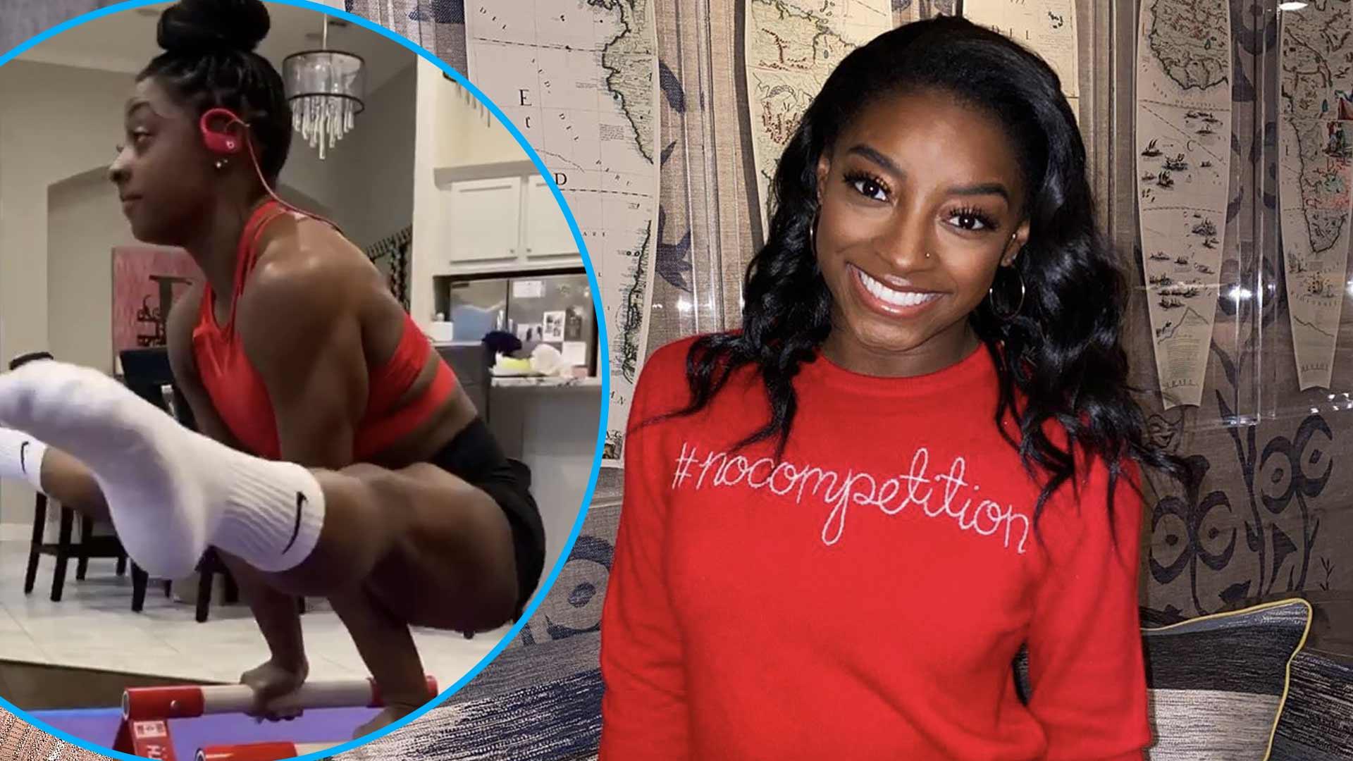 Simone Biles Shows Off Incredible Balance & Strength From Home In Tight Boy Shorts And Sports Bra