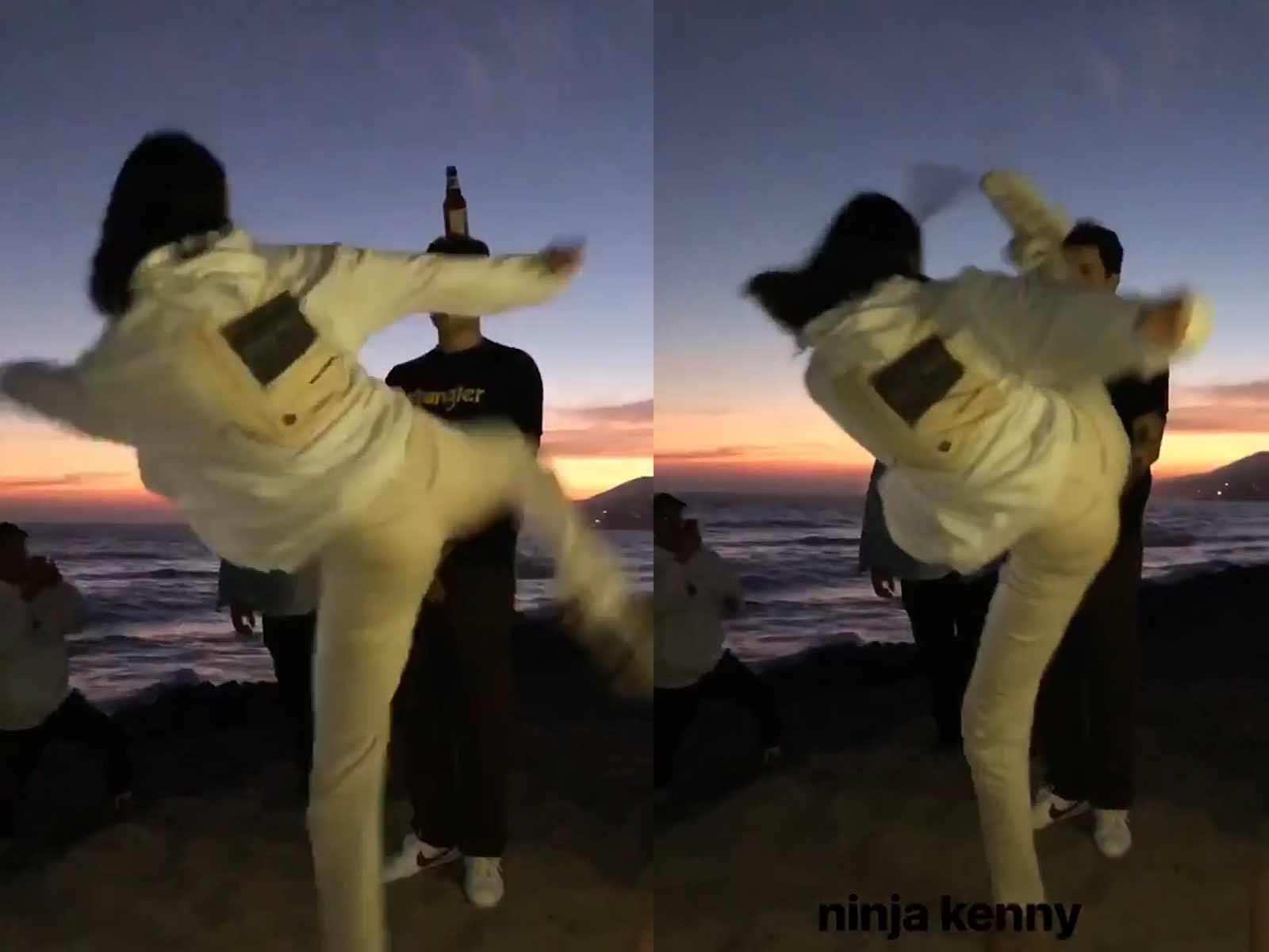 Kendall Jenner Impressively Ninja Kicks Beer Bottle Off Friend’s Head
