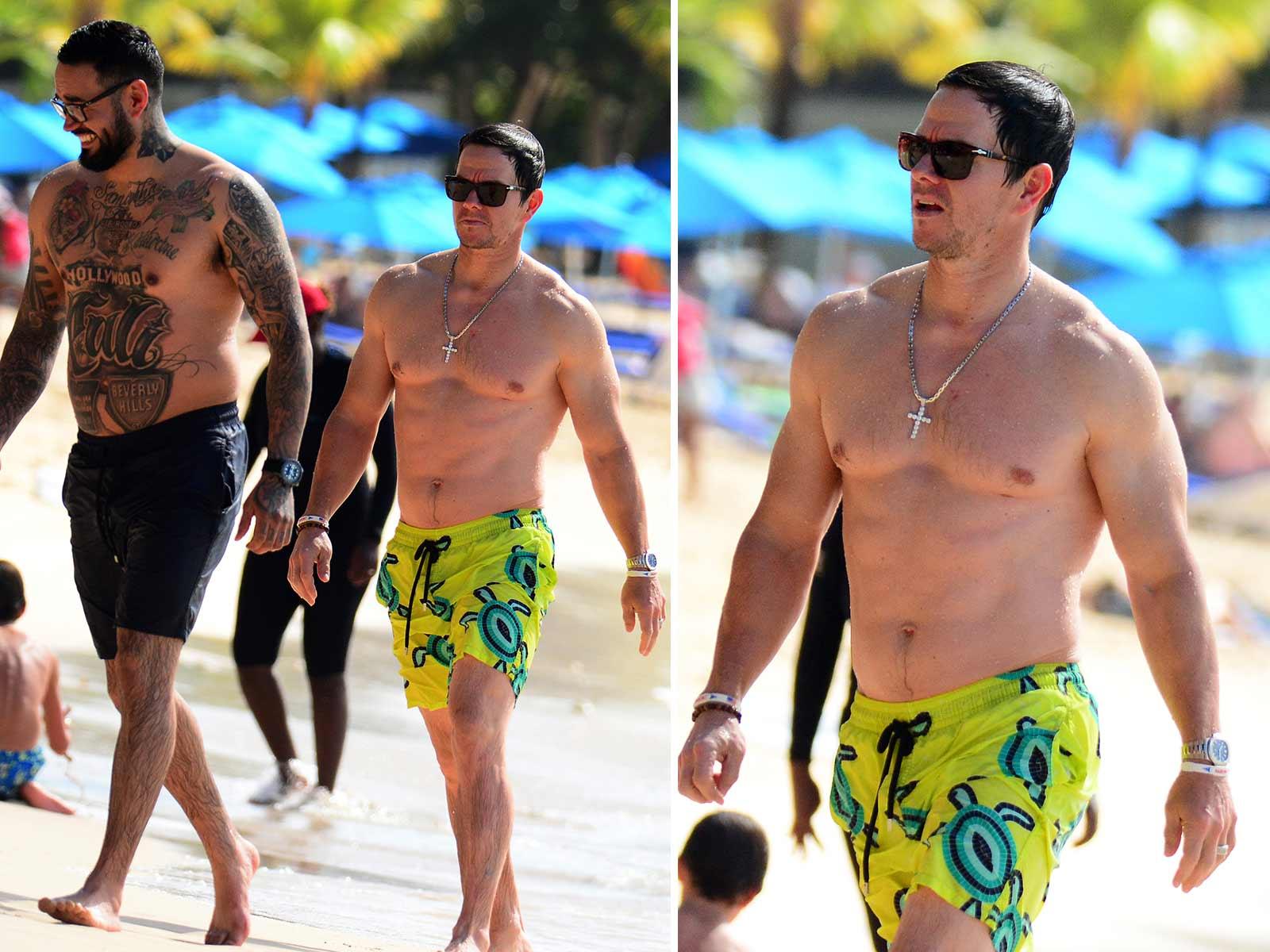 Mark Wahlberg Shows Off Chiseled Chest During Beach Day in Barbados