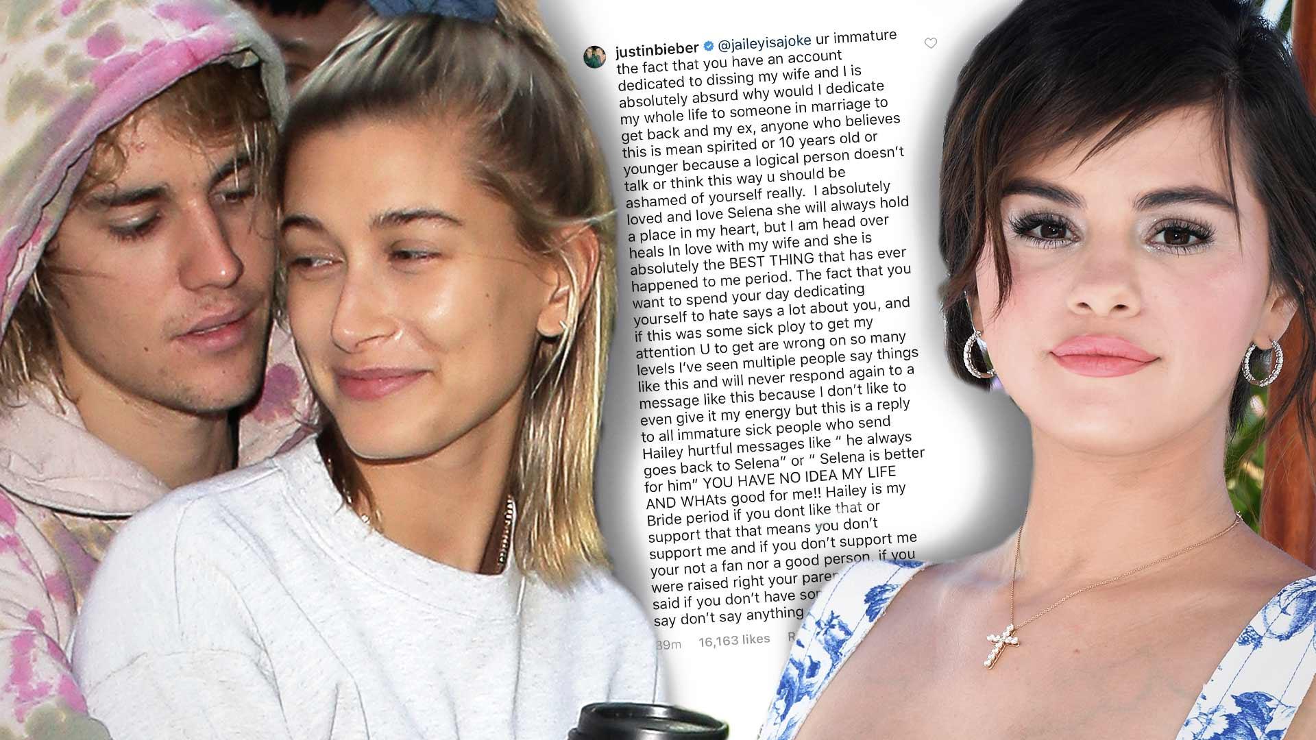 Justin Bieber Slams Fan Who Claims He Only Married Hailey Baldwin to Get Back at Selena Gomez