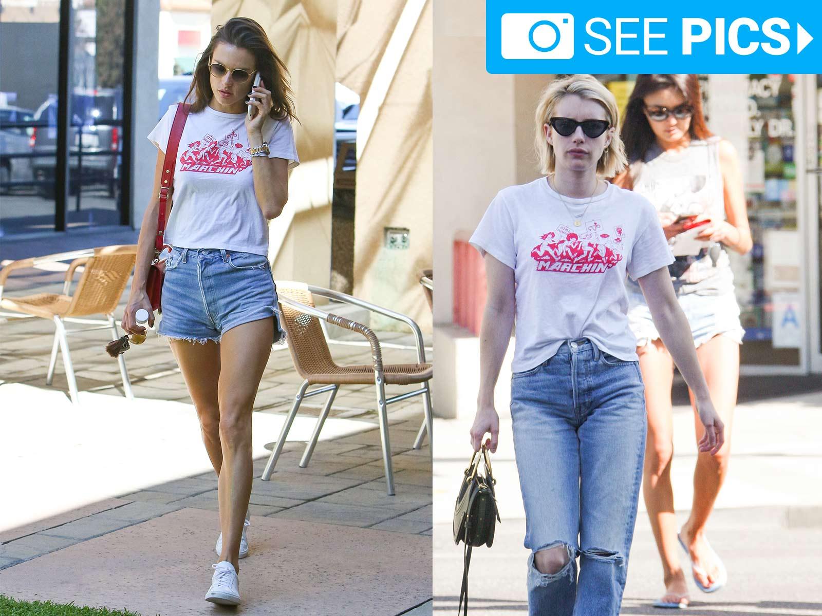 Emma Roberts and Alessandra Ambrosio ‘Marchin’ in Matching Tees